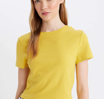 Fitted Crew Neck Ribbed Basic Short Sleeve T-Shirt