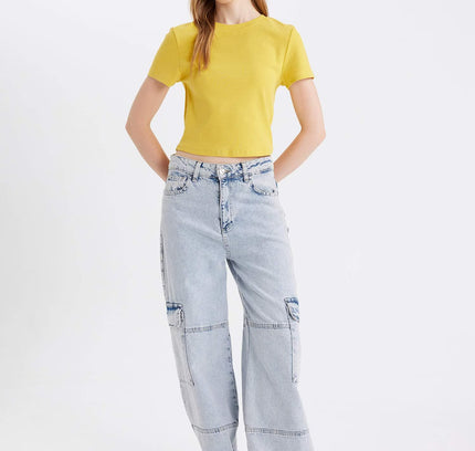 Fitted Crew Neck Ribbed Basic Short Sleeve T-Shirt