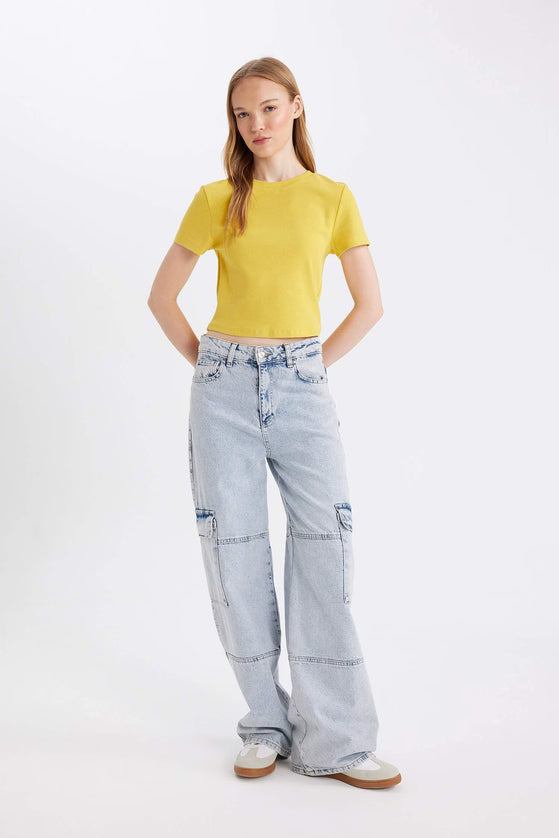 Fitted Crew Neck Ribbed Basic Short Sleeve T-Shirt