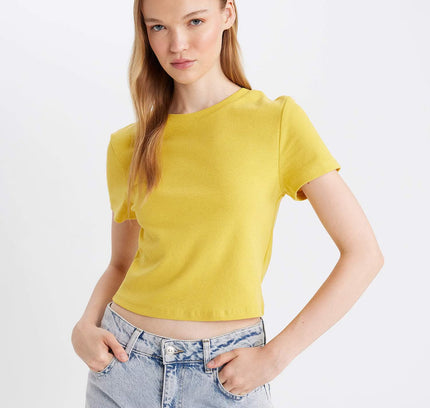 Fitted Crew Neck Ribbed Basic Short Sleeve T-Shirt