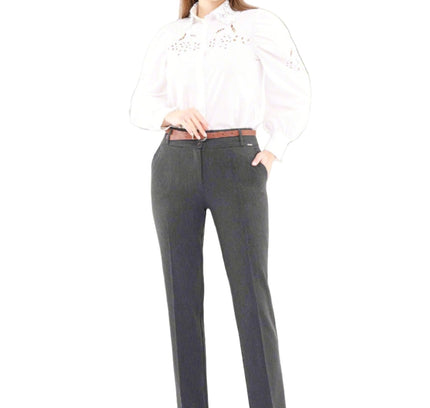 Anthracite Straight Leg Pants with Pockets and Belt Guzella