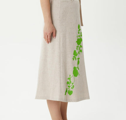 Belt-Detail Green Leaf-Embroidered, Slit Sporty Chic Stone Midi Skirt