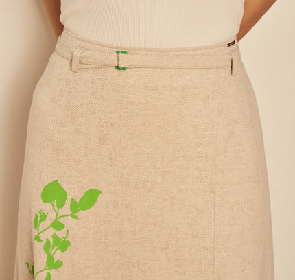 Belt-Detail Green Leaf-Embroidered, Slit Sporty Chic Stone Midi Skirt