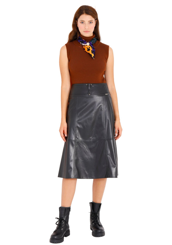 Black A-Line Vegan Leather Flared Midi Skirt - G-Line