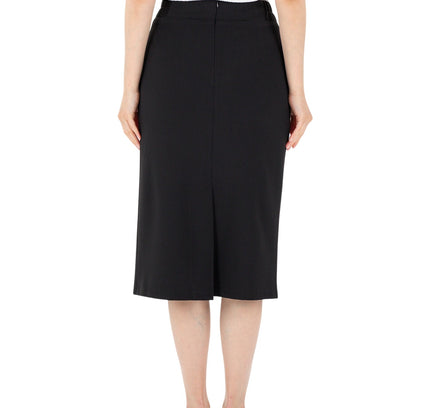 Black Midi Pencil Skirt with Elastic Waist and Closed Back Vent - G-Line