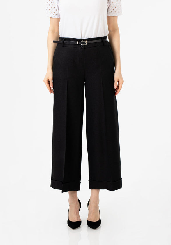 Black Wide Leg Cropped Work Pants with Pockets & Belt - G-Line