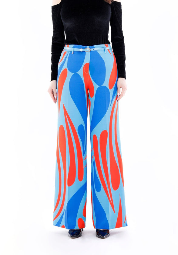 Blue Patterned Wide-Leg High-Waist Pants with Belt - G-Line