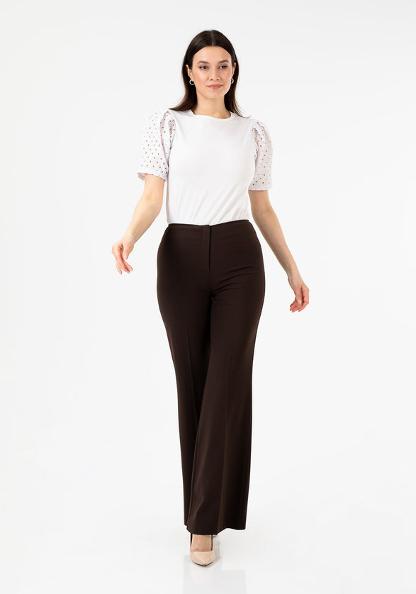 Pantalón de traje de corte acampanado con frente plano de corte clásico marrón para mujer