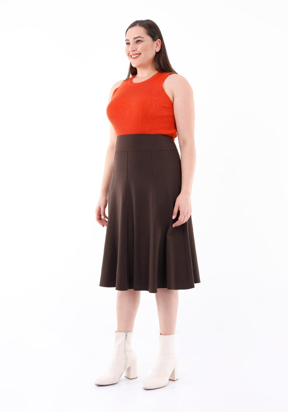 Brown Eight Gore Calf Length Midi Skirt For Every Occasion - G-Line