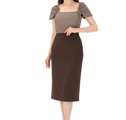 Brown Midi Pencil Skirt with Elastic Waist and Closed Back Vent - G - Line - G - Line