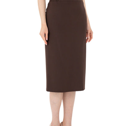 Brown Midi Pencil Skirt with Elastic Waist and Closed Back Vent - G - Line - G - Line