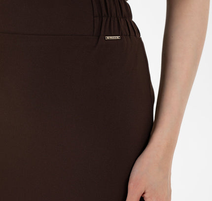 Brown Midi Pencil Skirt with Elastic Waist and Closed Back Vent - G - Line - G - Line