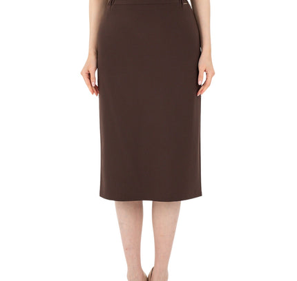 Brown Midi Pencil Skirt with Elastic Waist and Closed Back Vent - G - Line - G - Line