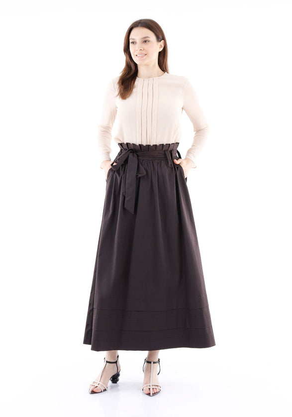 Brown Paper Bag Flared A - Line Maxi Skirt With Pockets And Belt - G - Line