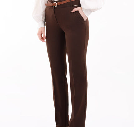 Brown Straight Leg Pants with Pockets and Belt - G - Line