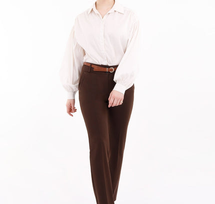 Brown Straight Leg Pants with Pockets and Belt - G - Line