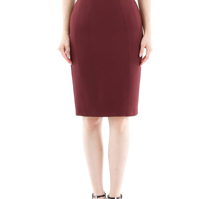 Burgundy Double Slit Pencil Knee Length Skirt - G - Line