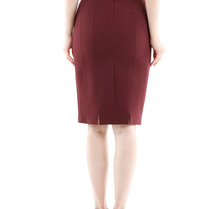 Burgundy Double Slit Pencil Knee Length Skirt - G - Line