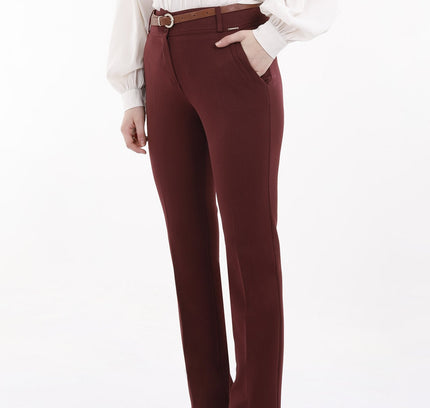 Burgundy Straight Leg Pants with Pockets and Belt - G - Line