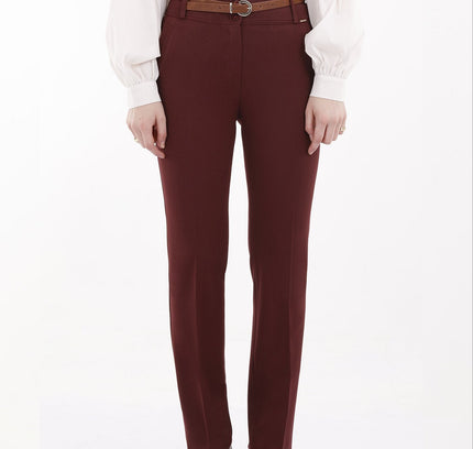 Burgundy Straight Leg Pants with Pockets and Belt - G - Line