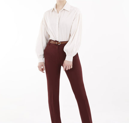 Burgundy Straight Leg Pants with Pockets and Belt - G - Line