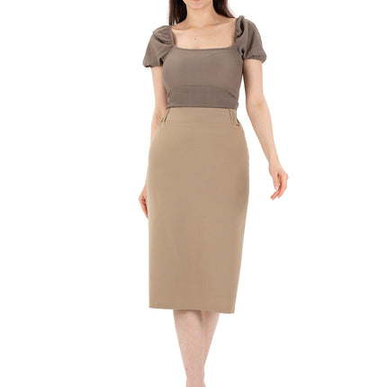 Camel Midi Pencil Skirt with Elastic Waist and Closed Back Vent - G - Line