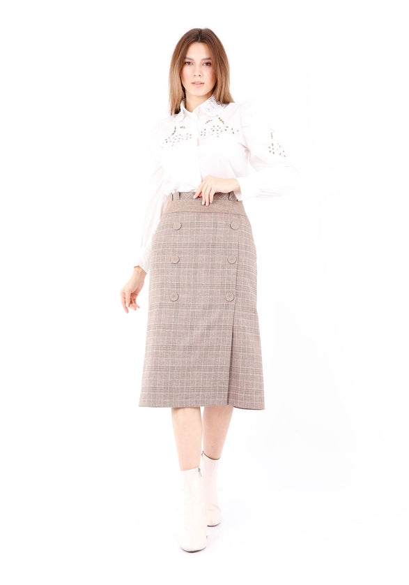 Camel Midi Tartan Straight Plaid Belted Skirt with Decorative Buttons - G - Line
