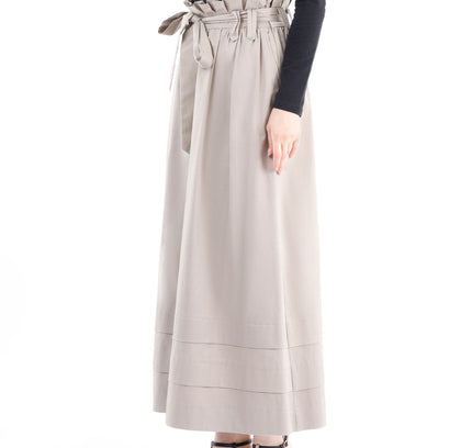 Camel Paper Bag Flared A - Line Maxi Skirt with Pockets and Belt - G - Line