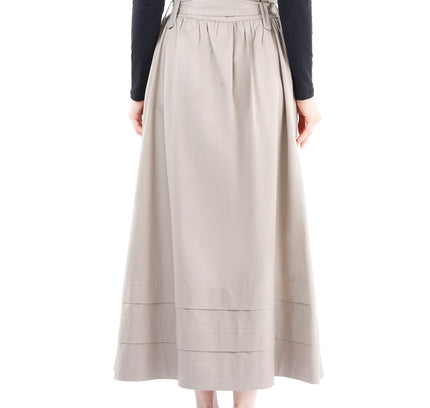 Camel Paper Bag Flared A - Line Maxi Skirt with Pockets and Belt - G - Line