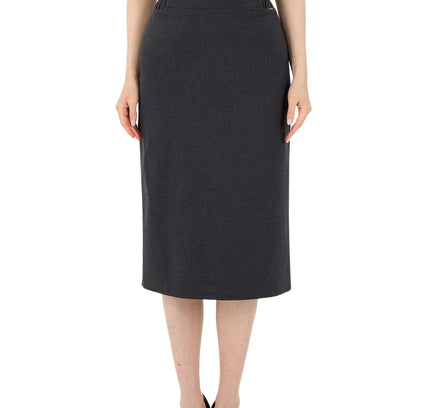 Charcoal Midi Pencil Skirt with Elastic Waist and Closed Back Vent - G - Line