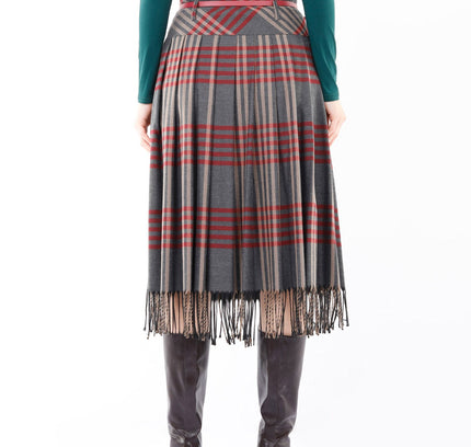 Charcoal Plaid Pleated Tassel Tartan Midi Skirt - G - Line