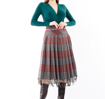 Charcoal Plaid Pleated Tassel Tartan Midi Skirt - G - Line