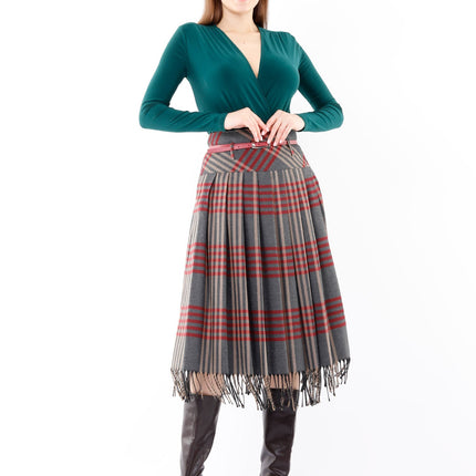 Charcoal Plaid Pleated Tassel Tartan Midi Skirt - G - Line