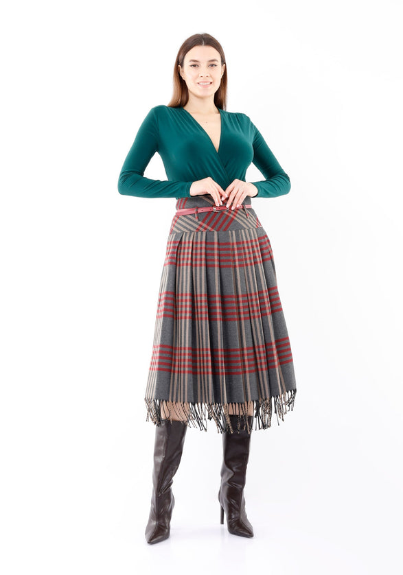 Charcoal Plaid Pleated Tassel Tartan Midi Skirt - G - Line