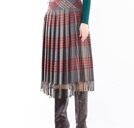 Charcoal Plaid Pleated Tassel Tartan Midi Skirt - G - Line