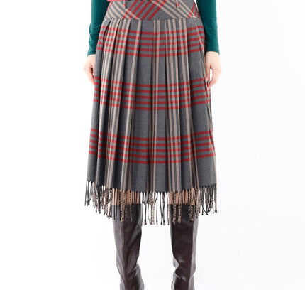 Charcoal Plaid Pleated Tassel Tartan Midi Skirt - G - Line