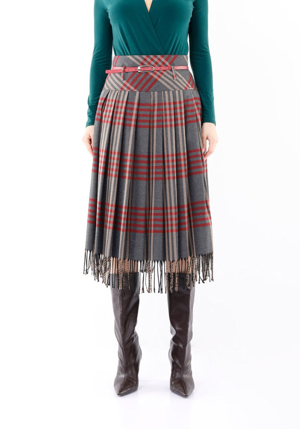 Charcoal Plaid Pleated Tassel Tartan Midi Skirt - G - Line
