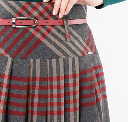 Charcoal Plaid Pleated Tassel Tartan Midi Skirt - G - Line