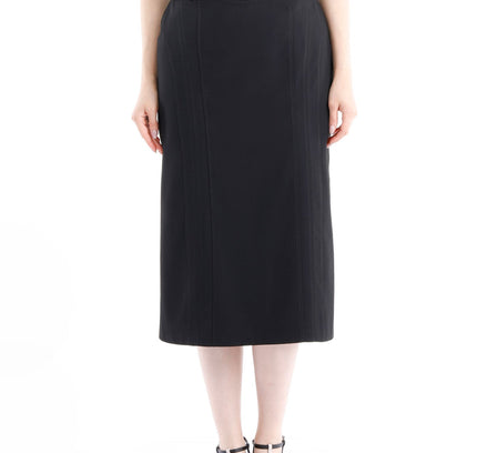 Classic Black High Waisted Midi Pencil Skirt with Belt - G - Line