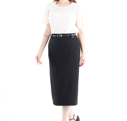 Classic Black High Waisted Midi Pencil Skirt with Belt - G - Line