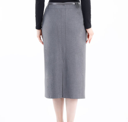 Classic Grey High Waisted Midi Pencil Skirt with Belt - G - Line