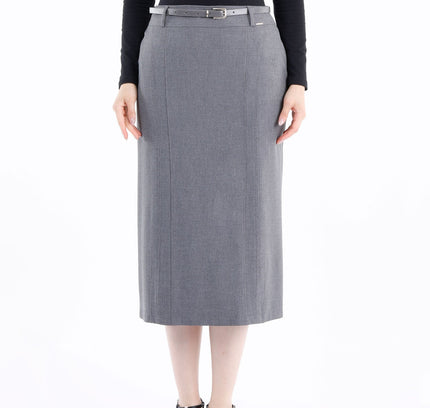 Classic Grey High Waisted Midi Pencil Skirt with Belt - G - Line