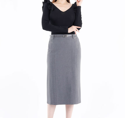 Classic Grey High Waisted Midi Pencil Skirt with Belt - G - Line