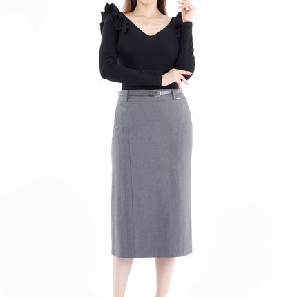 Classic Grey High Waisted Midi Pencil Skirt with Belt - G - Line