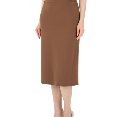 Copper Midi Pencil Skirt with Elastic Waist and Closed Back Vent - G - Line