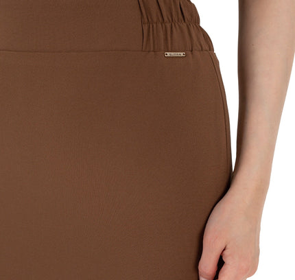 Copper Midi Pencil Skirt with Elastic Waist and Closed Back Vent - G - Line