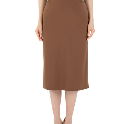 Copper Midi Pencil Skirt with Elastic Waist and Closed Back Vent - G - Line