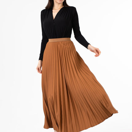 Copper Pleated Maxi Skirt Elastic Waist Band Ankle Length Plisse Skirt - G - Line