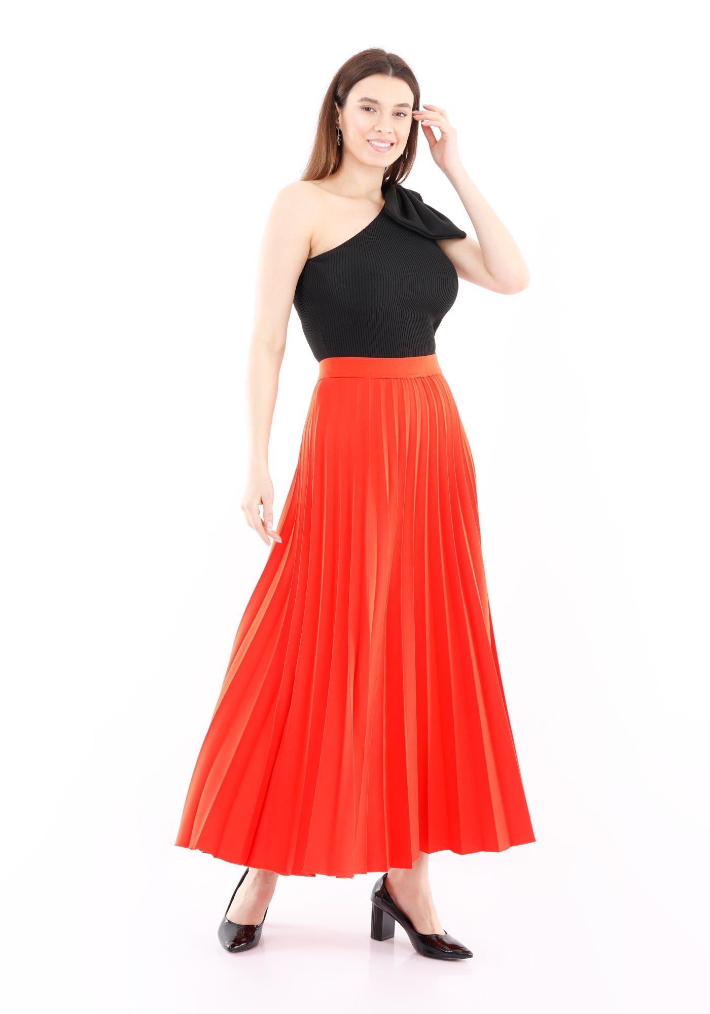 Coral Pleated Maxi Skirt Elastic Waist Band Ankle Length Plisse Skirt - G - Line