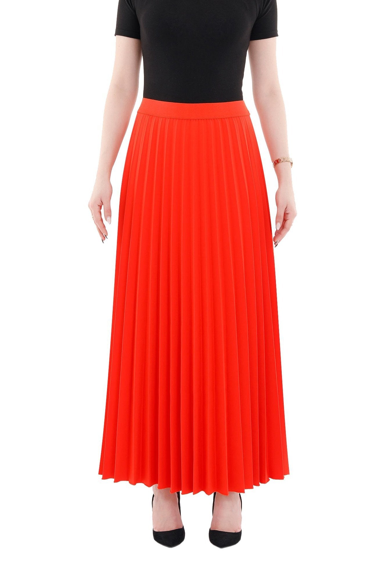 Coral Pleated Maxi Skirt Elastic Waist Band Ankle Length Plisse Skirt - G - Line